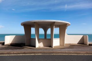 An unusual concrete seafront shelter, at Beach Street, Deal, Kent, dating from the 1950s, reminiscent of the age of Art Deco