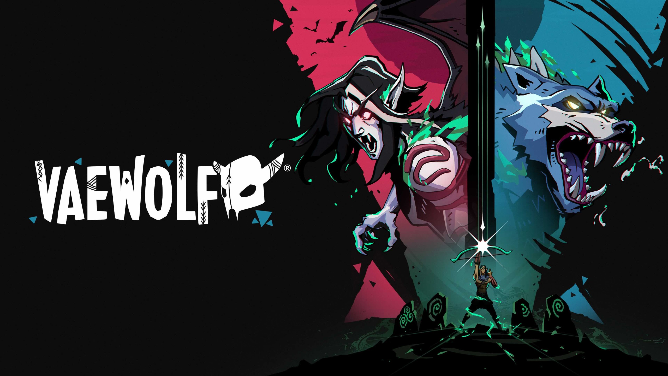 A werewolf and a vampiric figure howling. The Vaewolf logo is shown.