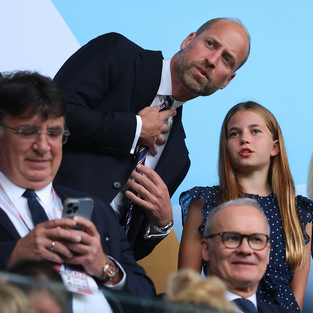 Prince William, Prince of Wales talks with Princess Charlotte prior to the UEFA Women&#039;s EURO 2025 Final match between England and Spain at St. Jakob-Park on July 27, 2025 in Basel, Switzerland