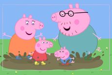 Peppa Pig and her family jumping in muddy puddles
