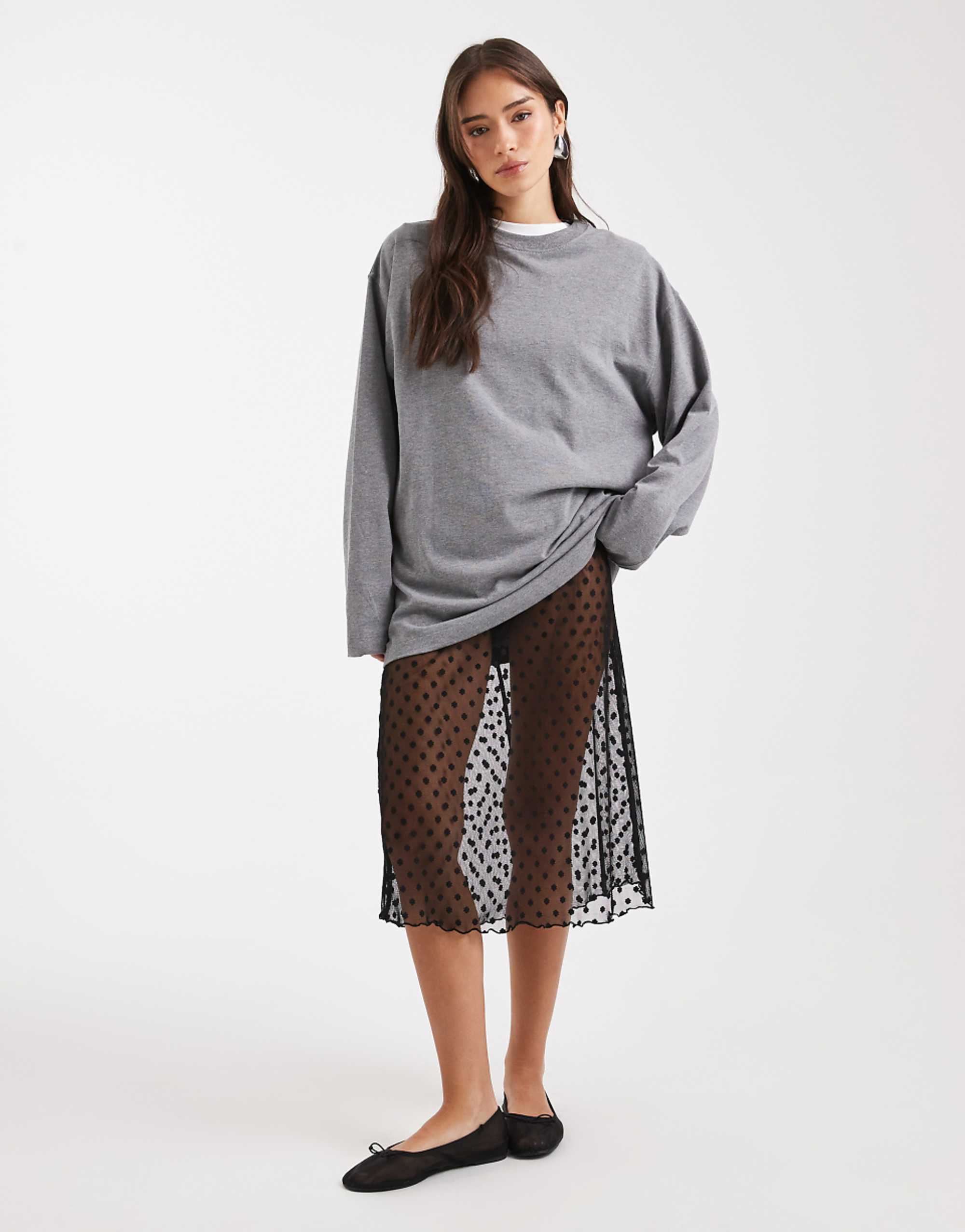 Collusion Polka Dot Sheer Mesh Awkward Length Skirt in Black