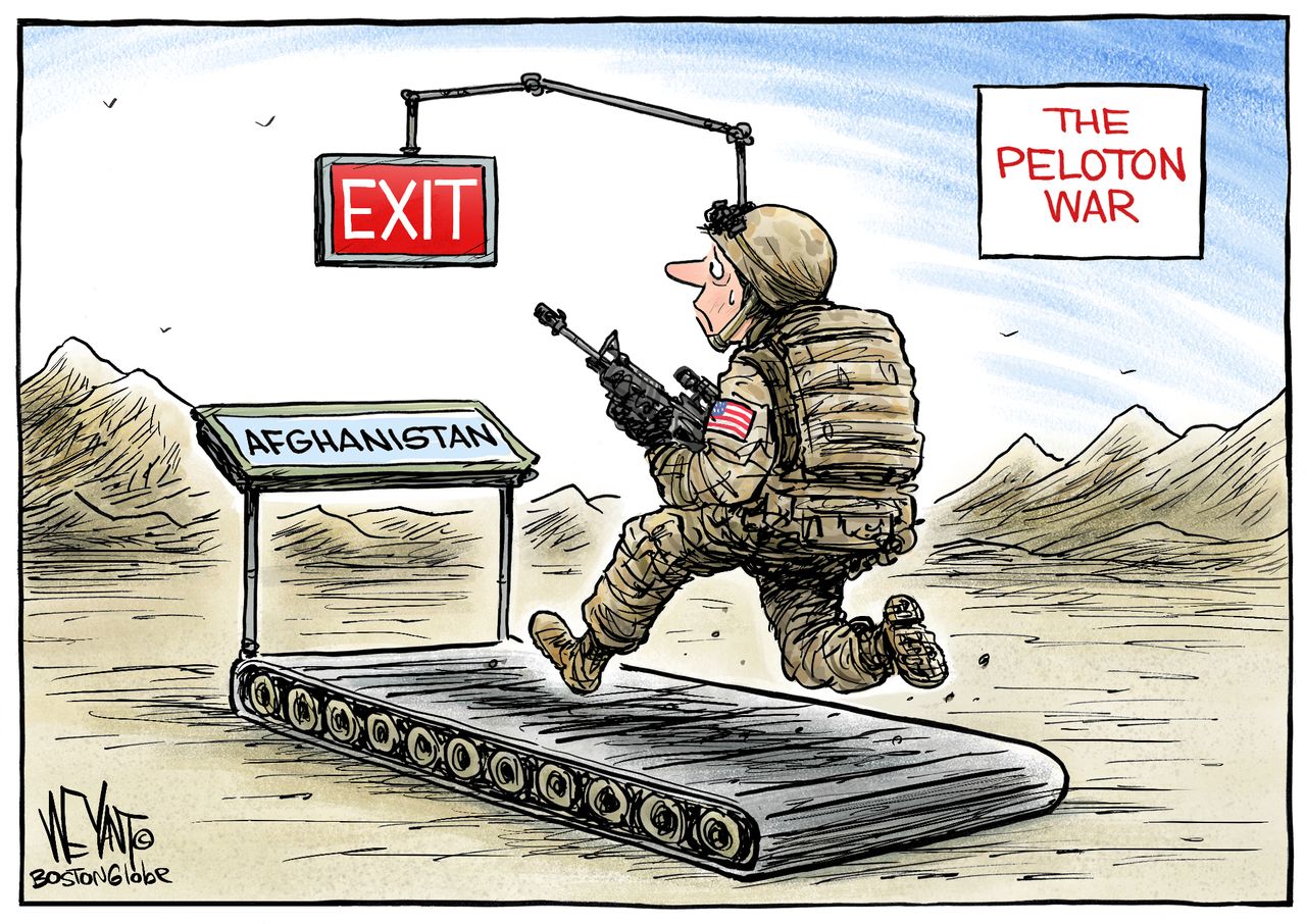 Political Cartoon U.S. Afghanistan War Peloton War