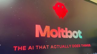 The Moltbot logo on a computer screen, plus a catchphrase underneath.