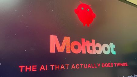 The Moltbot logo on a computer screen, plus a catchphrase underneath.