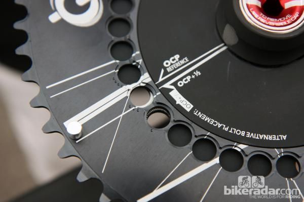 Rotor's new Aero MAS (Micro Adjust Spider) system features two sets of chainring mounting holes offset by just enough to allow half-step adjustments in chainring rotations. Rotor says amateur riders probably aren't that fine-tuned to Q-Ring positioning but it was a direct request from the company's professional riders.