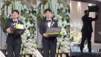 Three screenshots from a video showing a man receiving an RTX 5090 as a wedding gift.