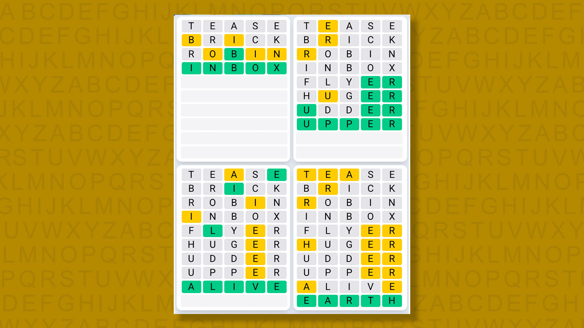 Quordle Daily Sequence answers for game 1519 on a yellow background