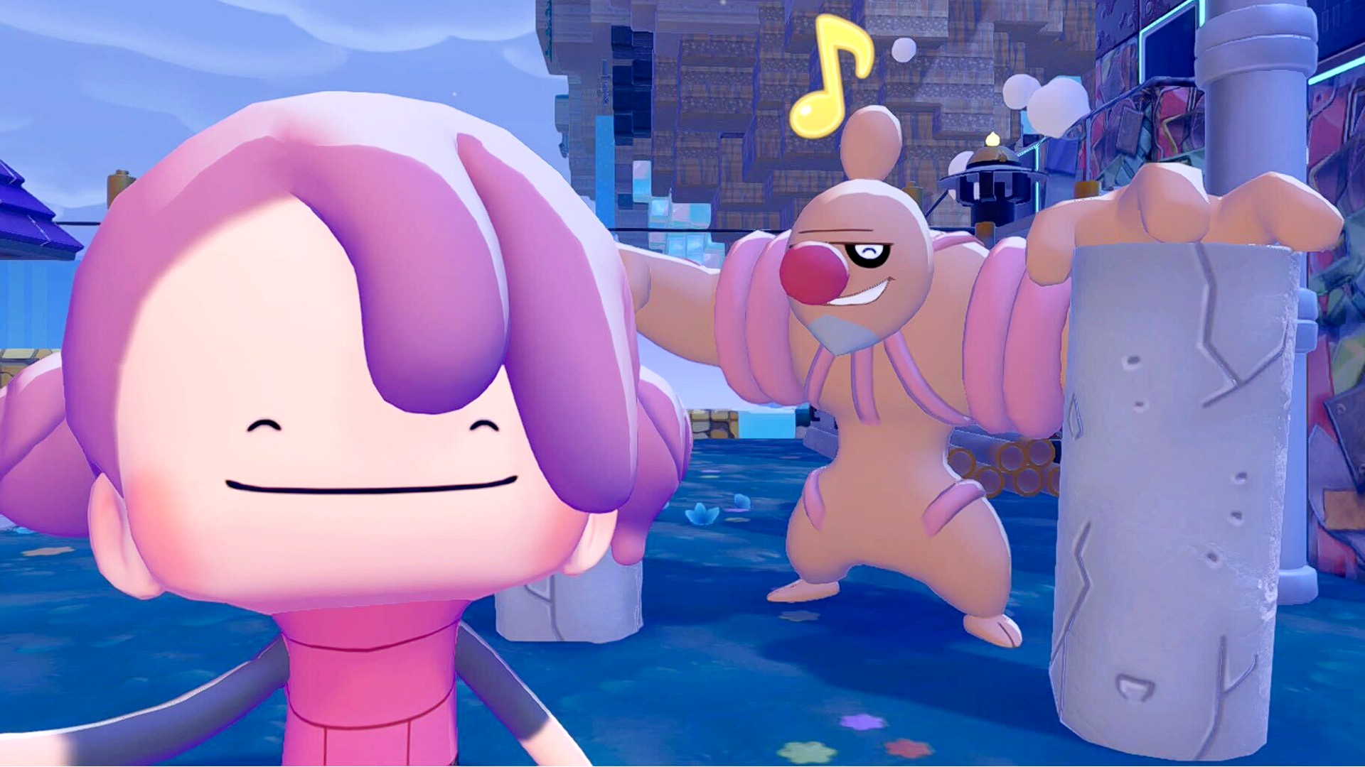 A Ditto poses for a selfie next to Conkeldurr who helps to make concrete in Pokopia.