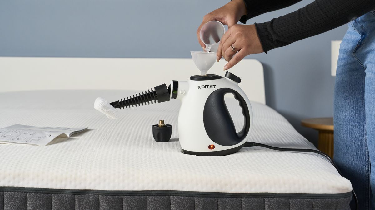 A series of images showing the steps of setting up, filling and using the Koitat mattress steam cleaner