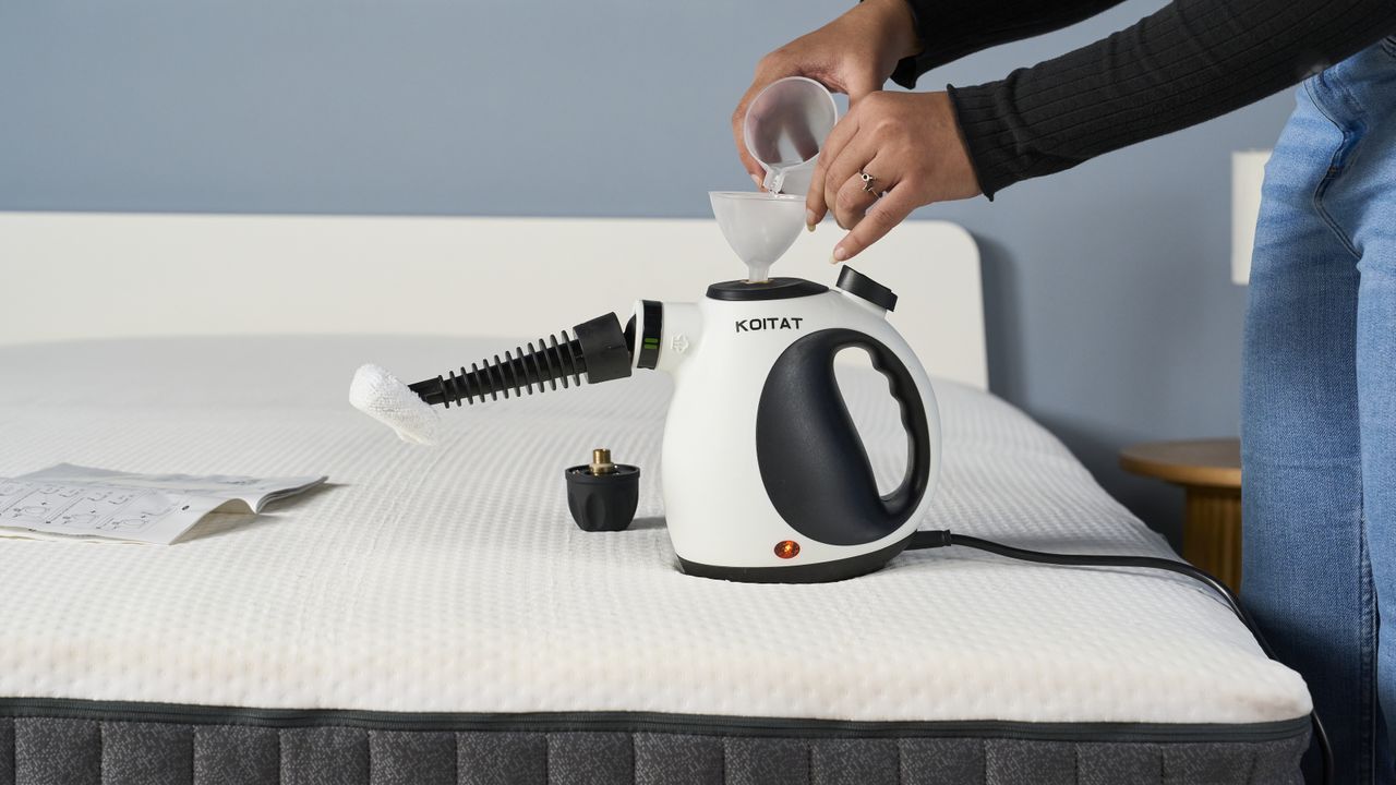 A series of images showing the steps of setting up, filling and using the Koitat mattress steam cleaner