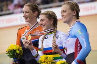 Laura Trott (Great Britain) with gold in the scratch race over Kirsten Wild (Ned) and Stephanie Roorda (Canada)