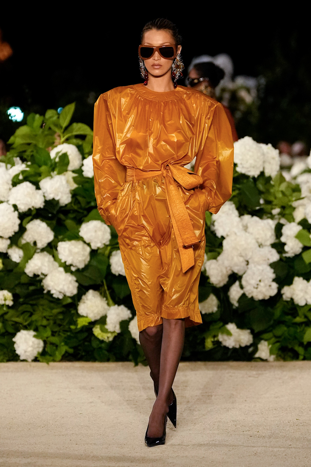Bella Hadid modeled in the Saint Laurent Spring 2026 runway show during Paris Fashion Week