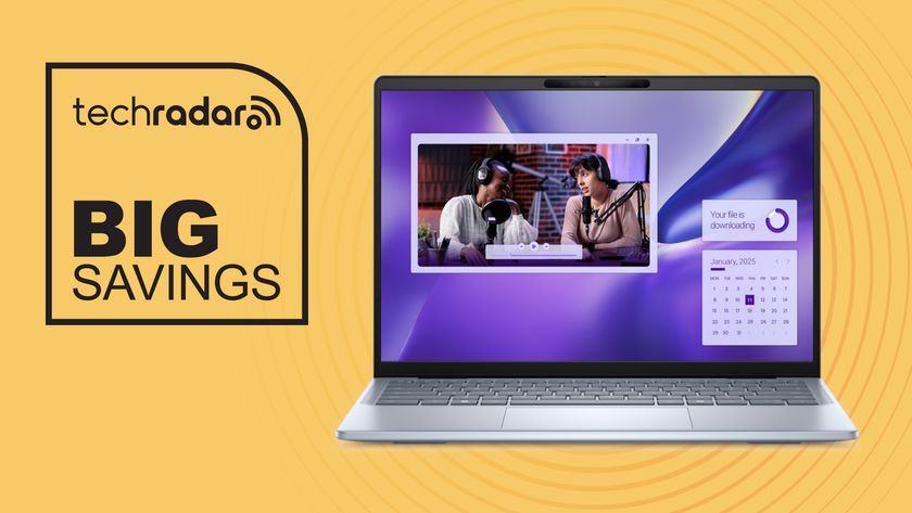 Dell 14 Plus on yellow background with big savings text overlay