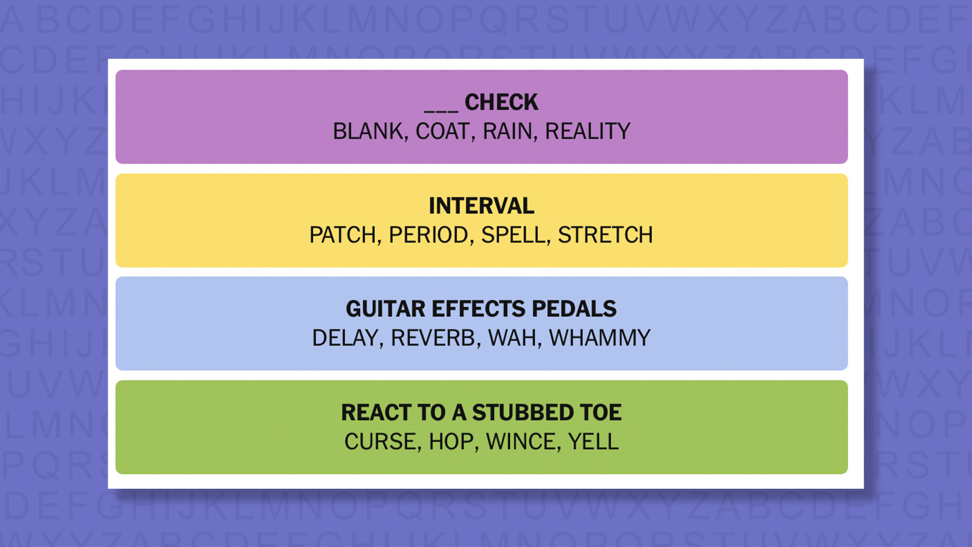 NYT Connections answers for game 1011 on a purple background