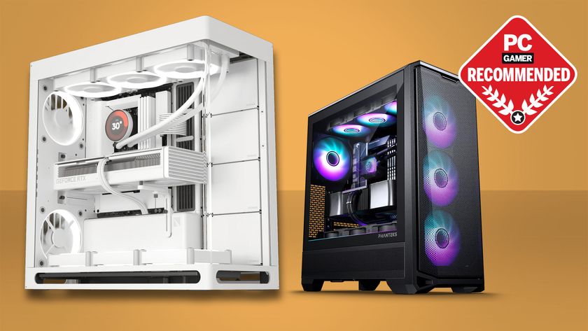 Two PC cases on a yellow background with the PC Gamer recommends badge in the upper right corner.
