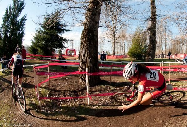 Linda Sone (Planet Bike) taking a spill during some tight turns.