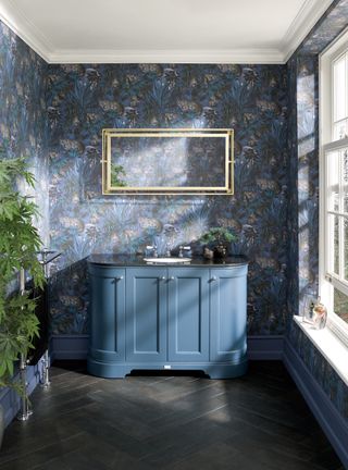 blue bathroom wallpaper in a bathroom with blue vanity unit