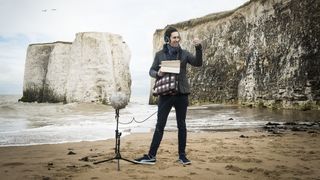  Portrait of British music producer Marc JB, photographed recording audio samples around Botany Bay in Kent