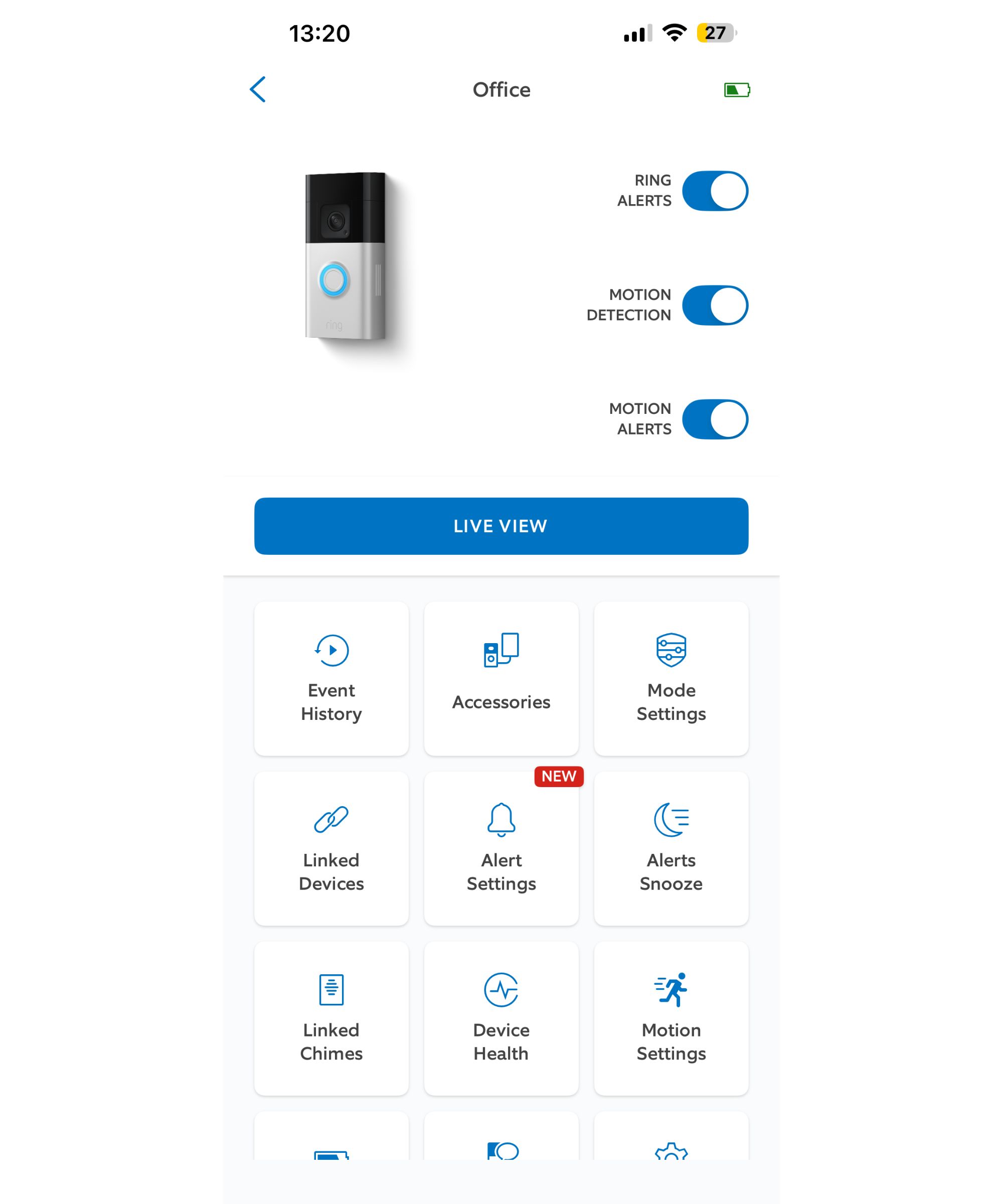 A screenshot of the homepage of my Ring app, showing the different settings of the Ring Battery Doorbell Pro.