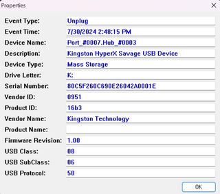 USBLogView showing the device name and IDs for a Kingston USB stick.