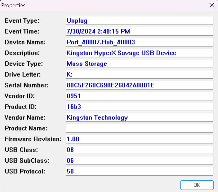 USBLogView showing the device name and IDs for a Kingston USB stick.