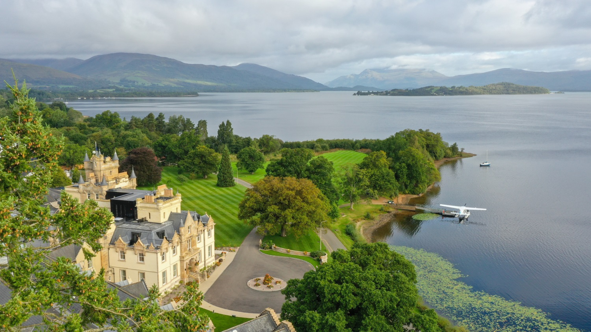 Aerial view of the Cameron House resort and spa