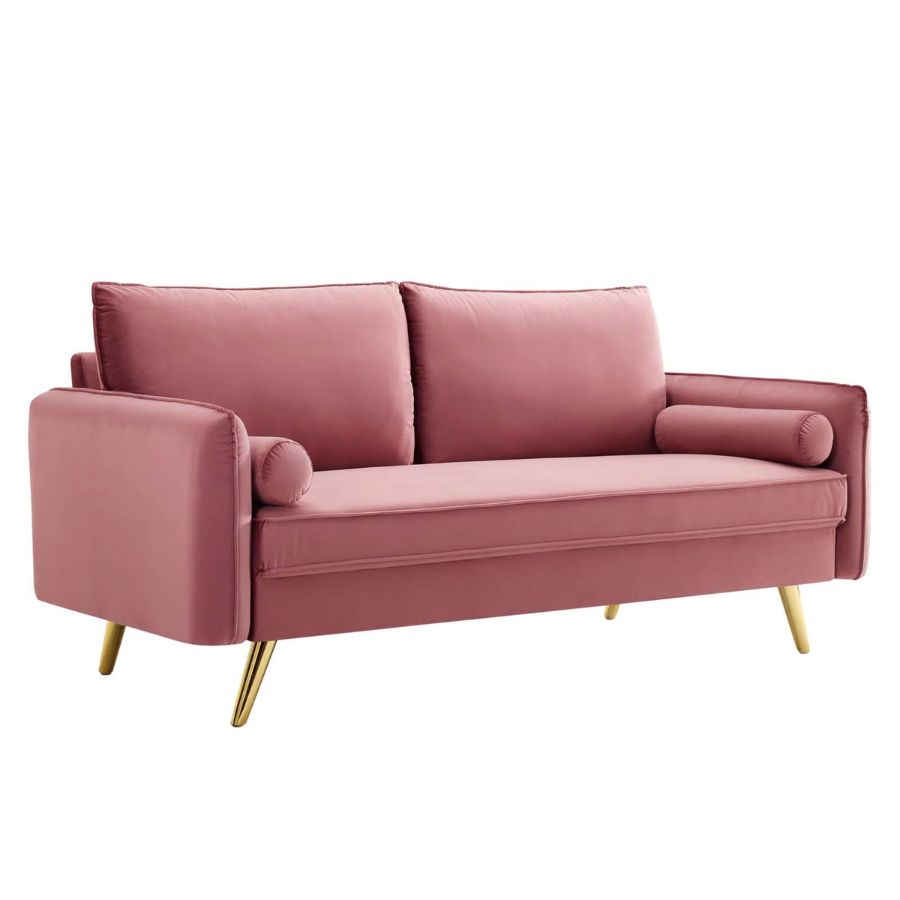 A pink performance velvet sofa