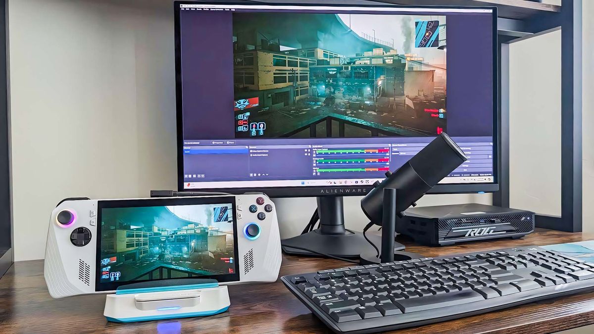 Image of AVerMedia X&#039;TRA GO GC515 with ROG Ally installed and connected to a monitor displaying the same image as the handheld.