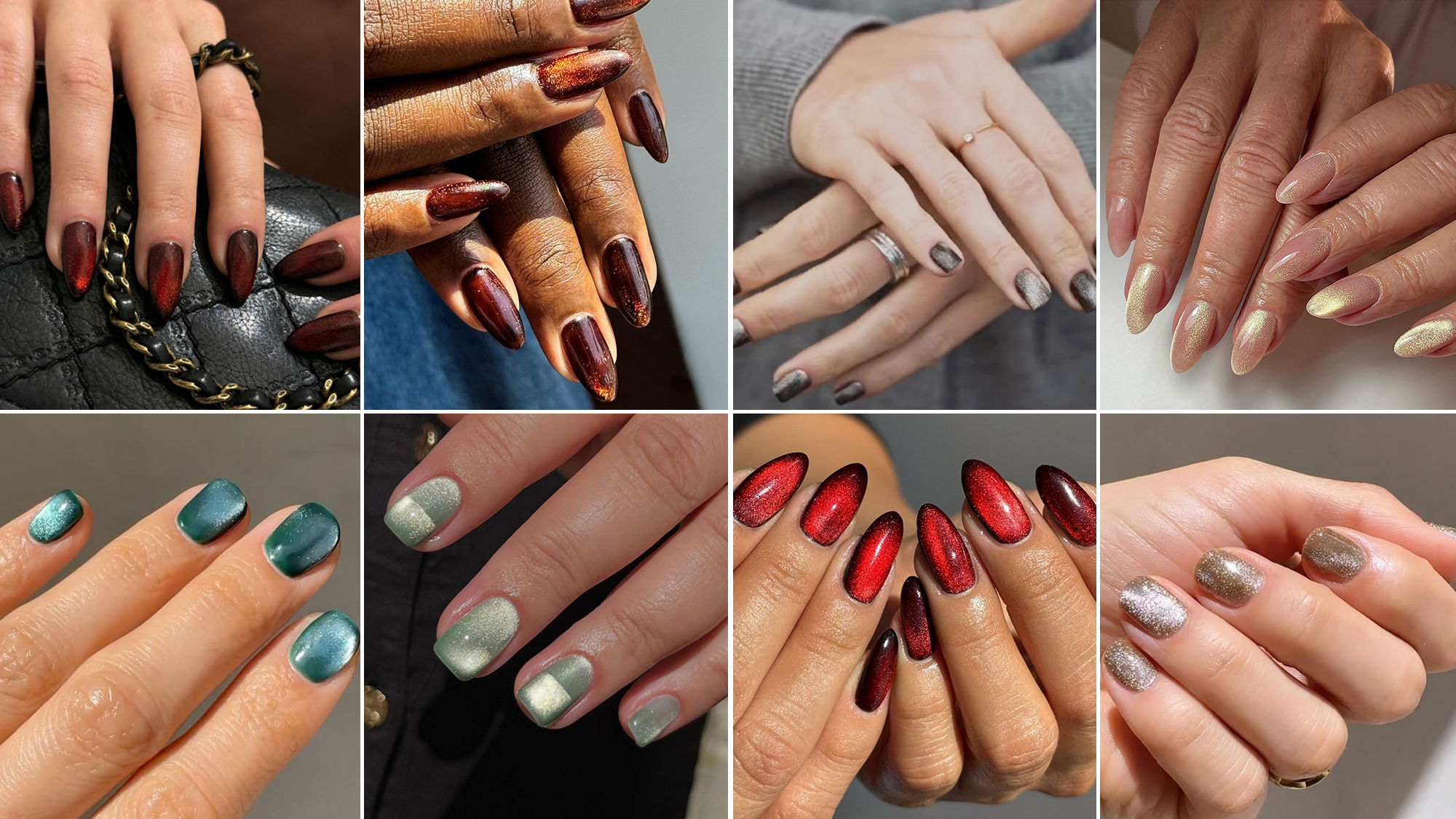Close-up shots of velvet nails in burgundy, dark brown, charcoal grey, nude, turquoise, sage green, red and gold