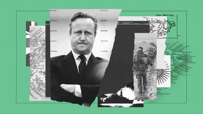 Photo composite of David Cameron, maps of the Falkland Islands and scenes from the 1982 Falklands War