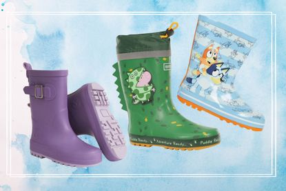 A collage of three pairs of kids' wellies featured in this shopping guide
