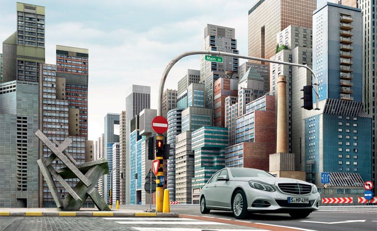 Mercedes-Benz Intelligent Drive, with the car reacting to traffic and recognising potential obstacles