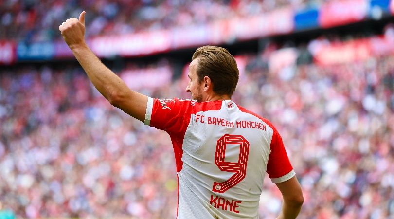 Harry Kane gestures during Bayern Munich&#039;s 2-1 win over Eintracht Frankfurt in the Bundesliga in April 2024.