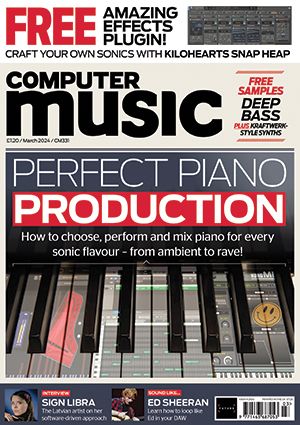 The front cover of Computer Music March issue depicting a montage of a piano with a transparent image of iconic software behind it
