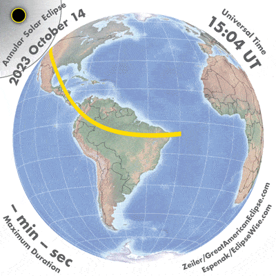 Animation of the annular solar eclipse path on Oct. 14.