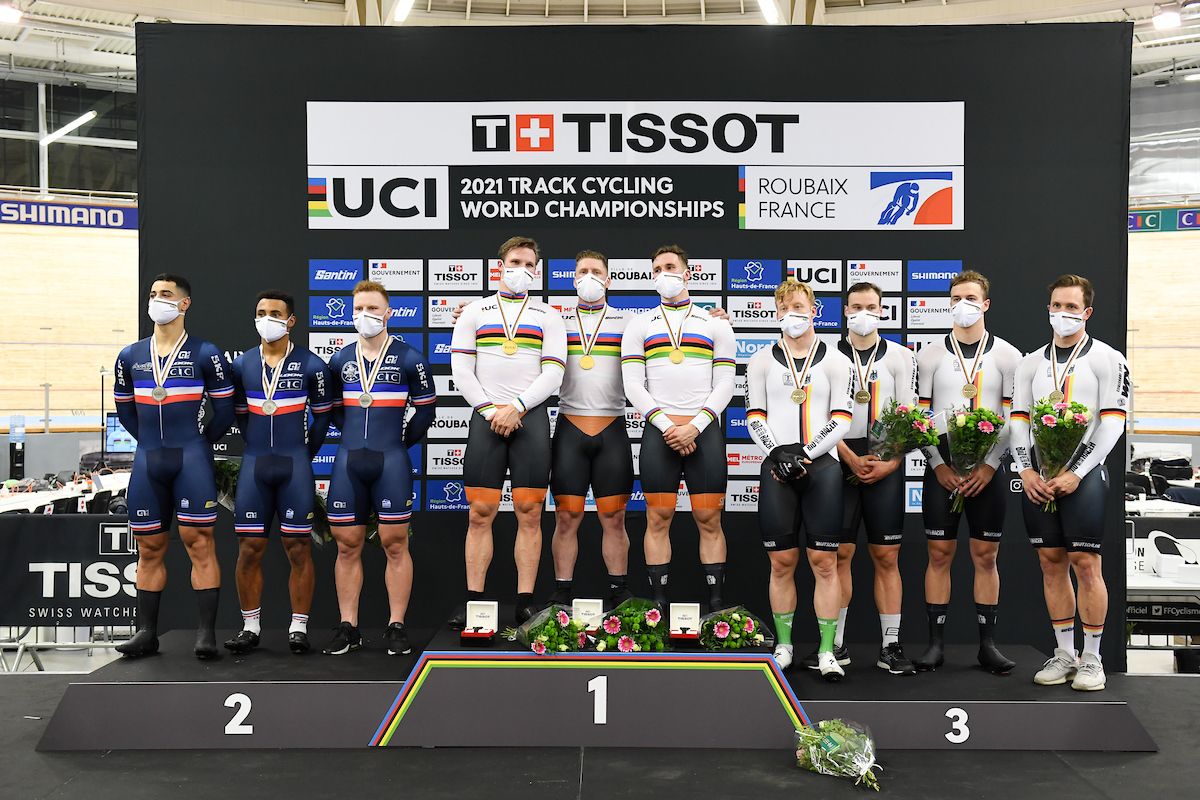 Picture by Simon Wilkinson/SWpix.com - 20/10/2021 - Cycling - Tissot 2021 UCI Track Cycling World Championships - Men&acirc;s Team Sprint - Stab Velodrome, Roubaix, France - Jeffrey Hoogland, Harrie Lavreysen and Roy van den Berg of the Netherlands (Gold), Florian Grengbo, Rayan Helal and Sebastien Vigier of France (Silver) and Stefan Botticher, Joachim Eilers, Marc Jurczyk and Nik Schroter of Germany (Bronze) on the men's team sprint podium