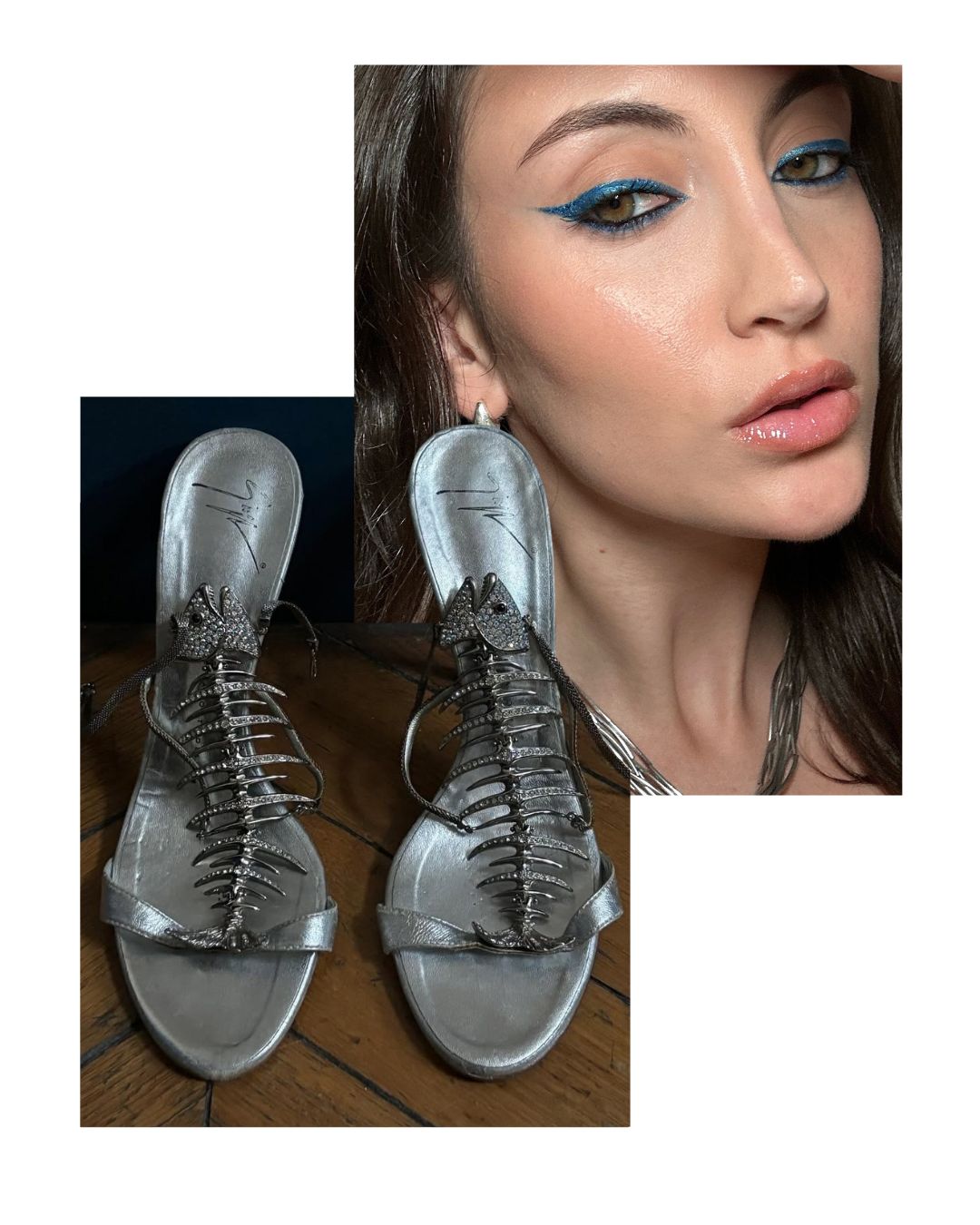 Overlapping images of a makeup look by Alyssa Brascia and a photo of bedazzled high heels with fishbone decals by Emna Sellimi.