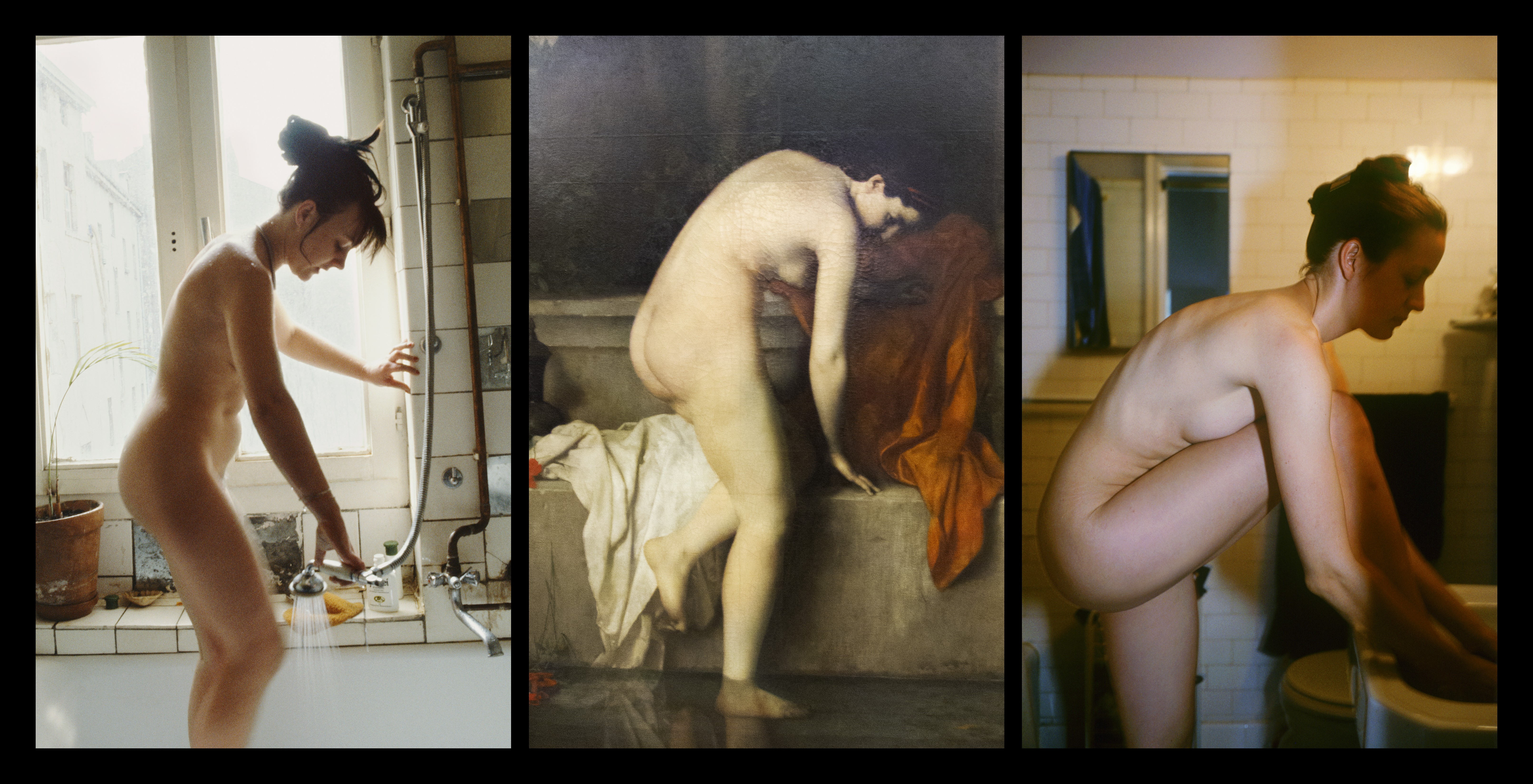 Triptych showing a nude figure bathing in two contemporary photographs flanking a classical painting of a crouched bather