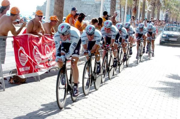 Saxo Bank-Sungard flat out during the Vuelta a Espana's opening team time trial.