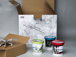 The "Star Wars" ice cream comes packed with dry ice in a cardboard box with a punch-out X-Wing fighter.