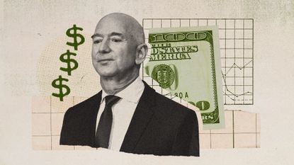 Photo collage of Jeff Bezos, a 100 dollar bill, and a chart in the background