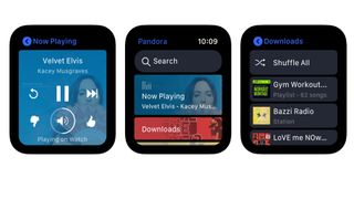 Skjermbilder av appen Pandora på Apple Watch.