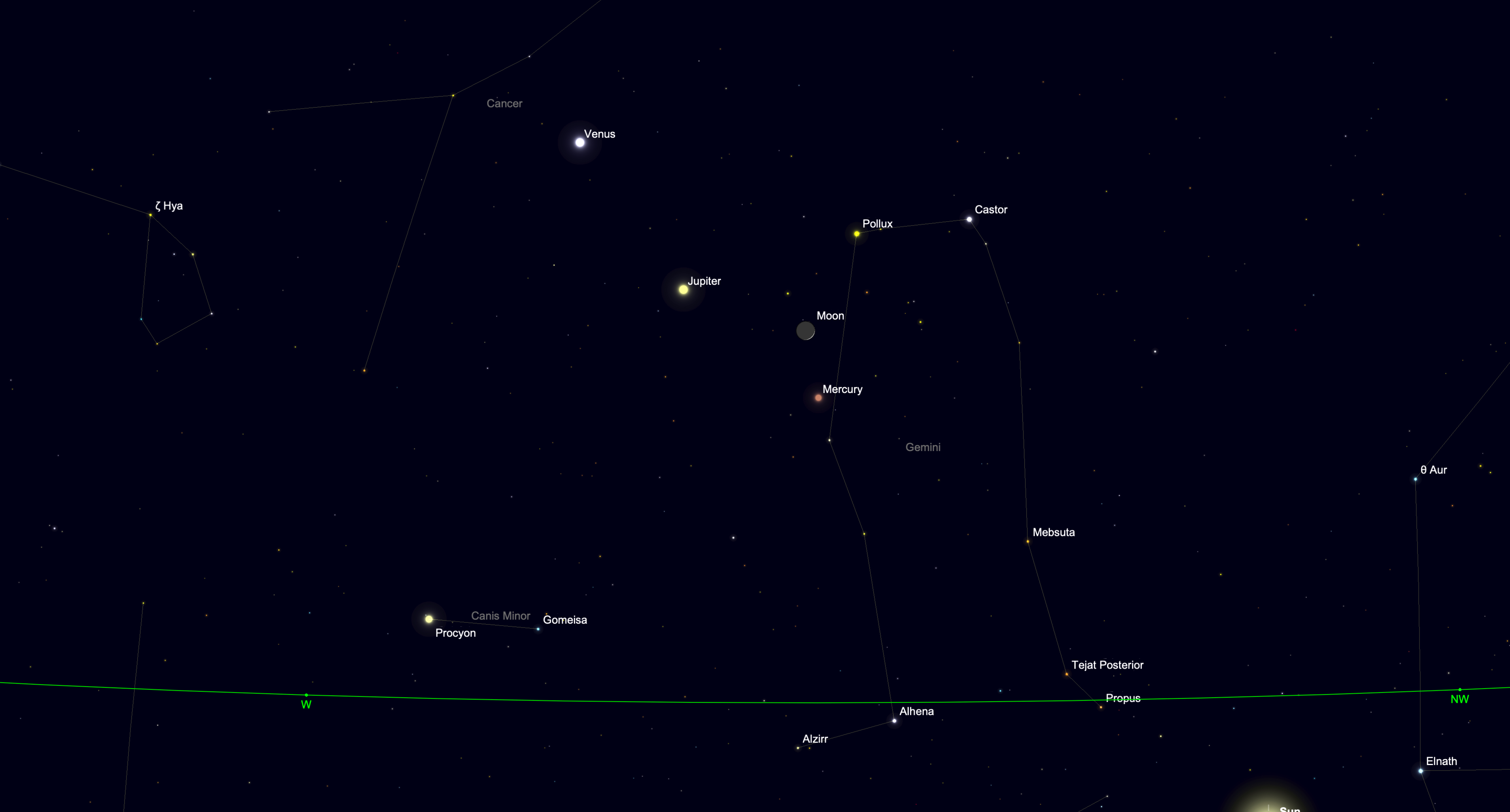 Star chart showing the thin crescent moon near Mercury and Jupiter above the western horizon.