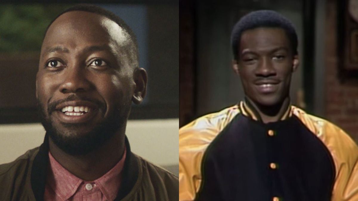 Kevin Sterling (Lamorne Morris) smiles in Game Night, while Eddie Murphy speaks on Saturday Night Live