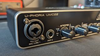 Close up of the inputs on a Behringer UMC22 audio interface
