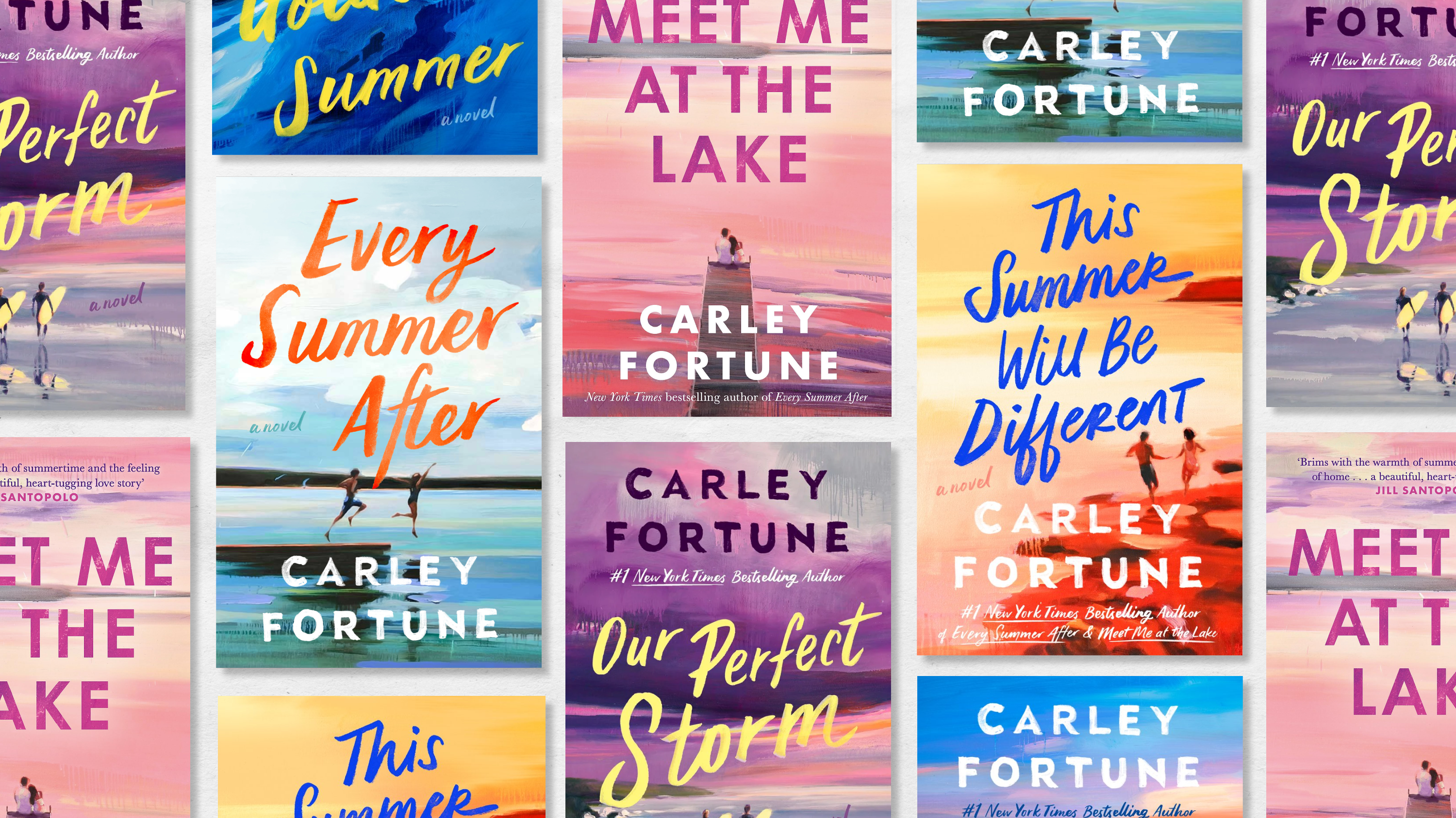 a collage of book covers by carley fortune featuring couples in the summertime including every year after meet me at the lake and more