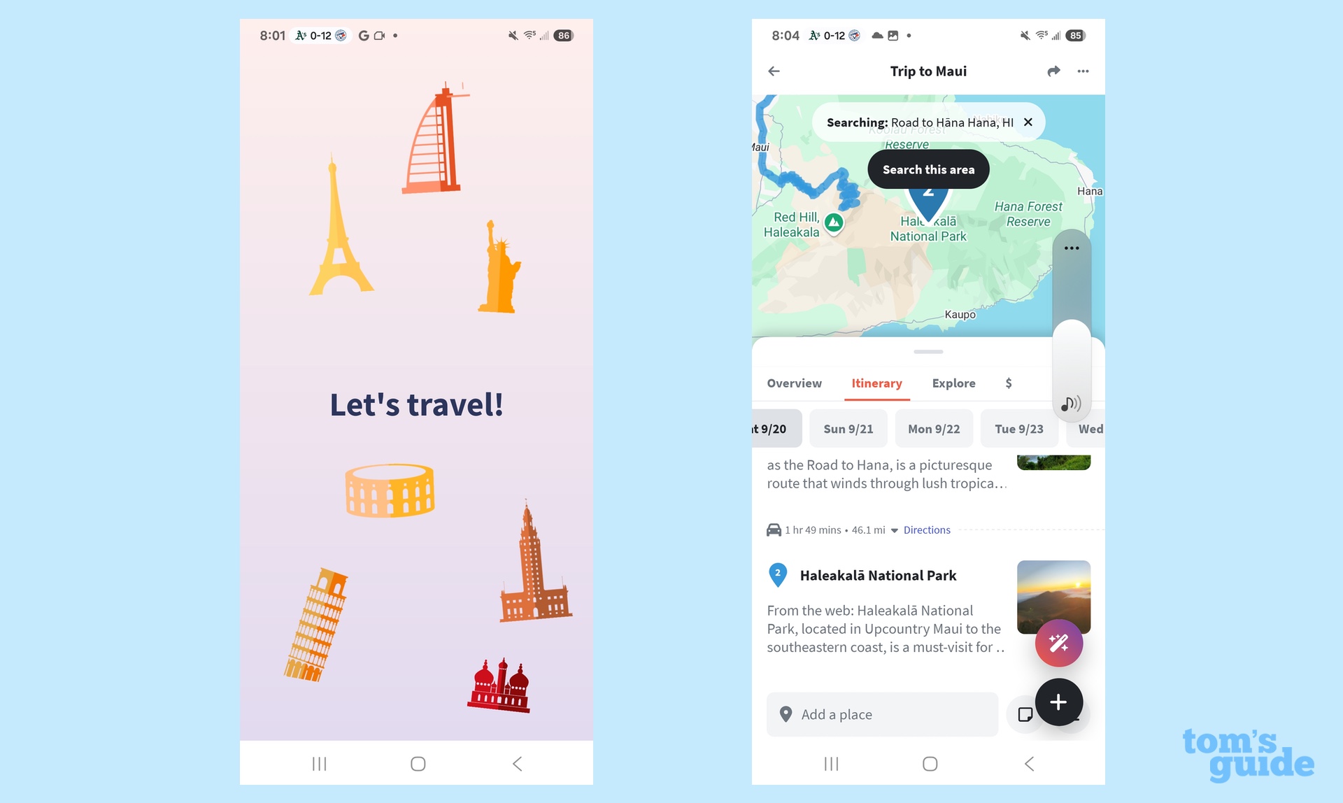Screenshots from the Wanderlog app showing trip planning