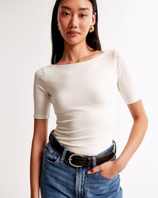 Half-Sleeve Wide Rib Boatneck Top