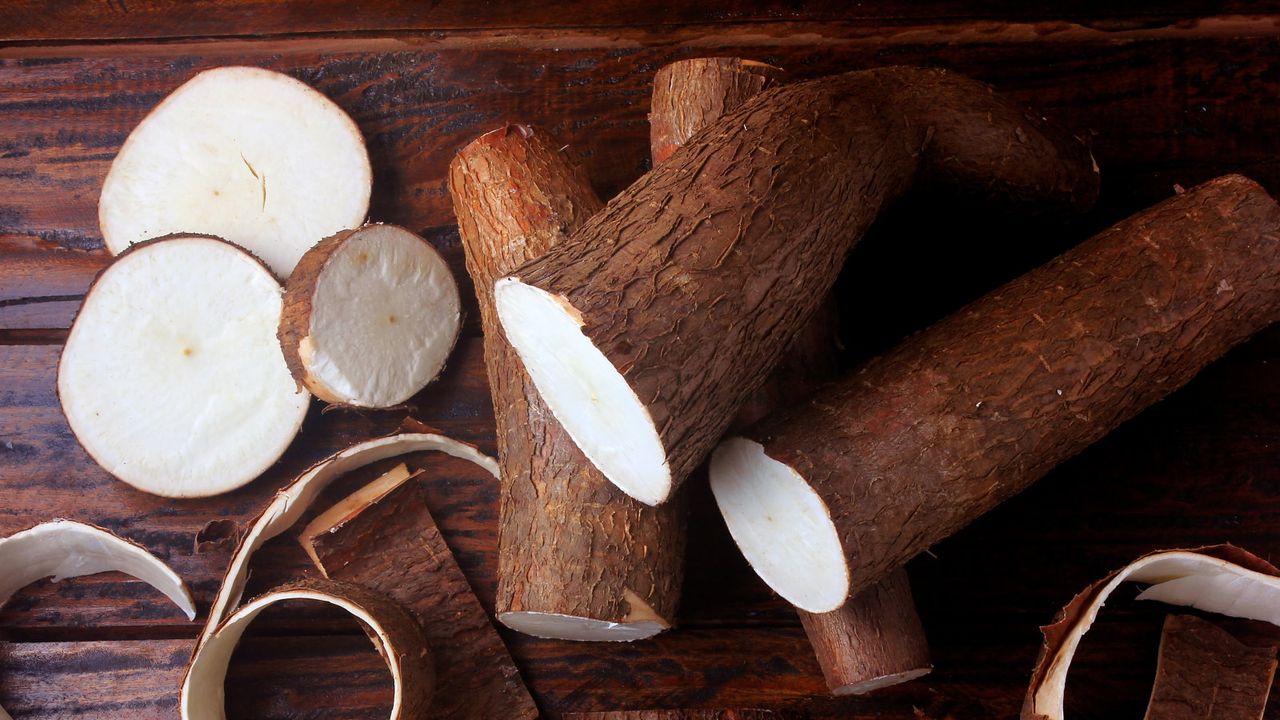 Fresh cassava roots sliced on a wooden table to show the white flesh