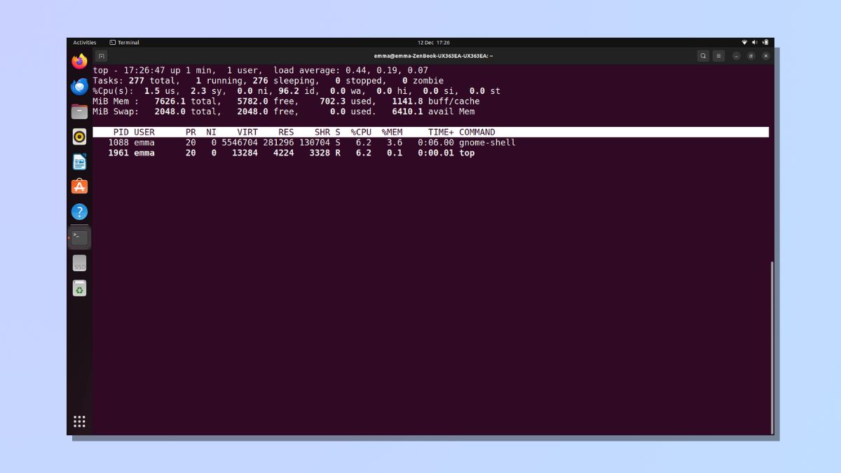 снимок экрана, показывающий, как узнать загрузку процессора в Linux — top -i
